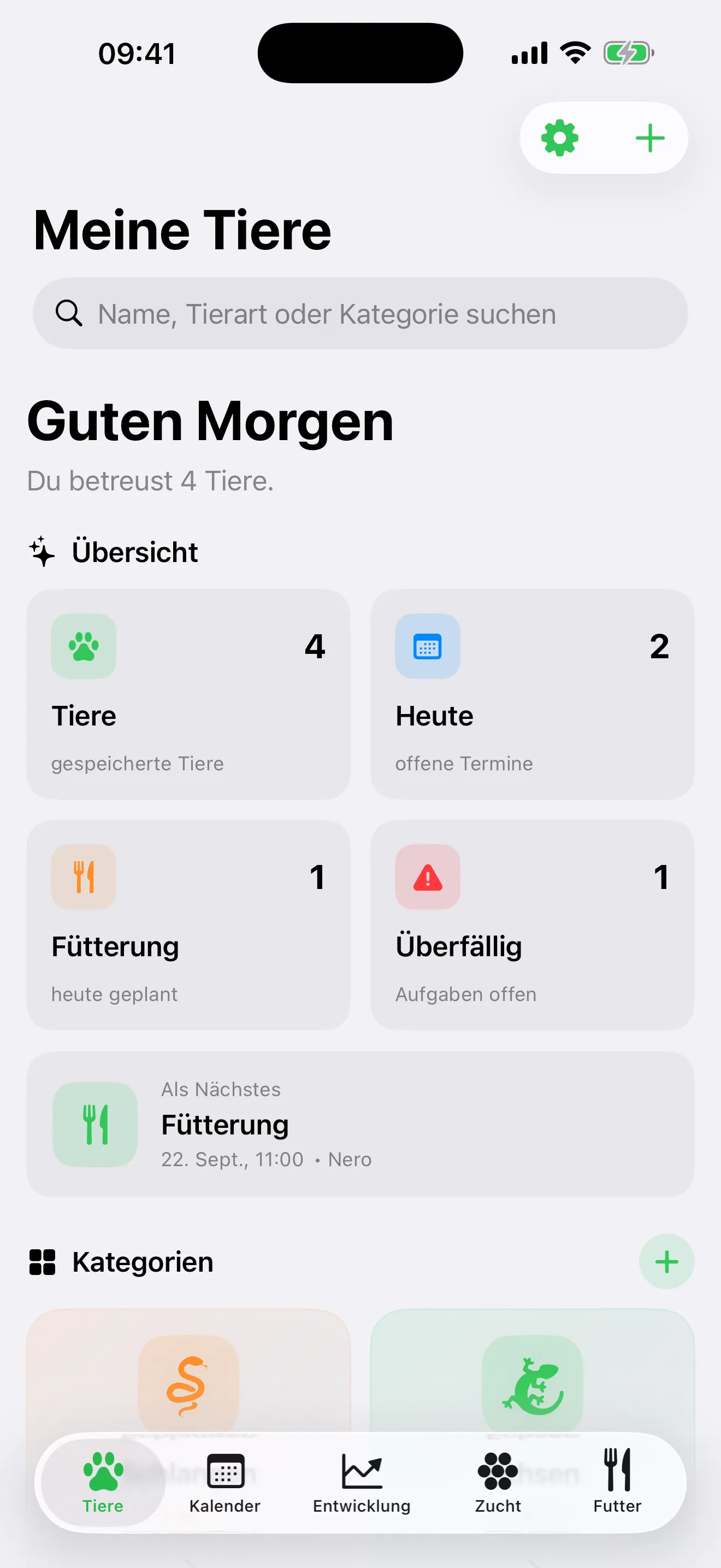 Der Startbildschirm von ReptiCare: «Guten Morgen, du betreust 4 Tiere», darunter Kacheln für Tiere, heutige Termine, Fütterung und Überfälliges.