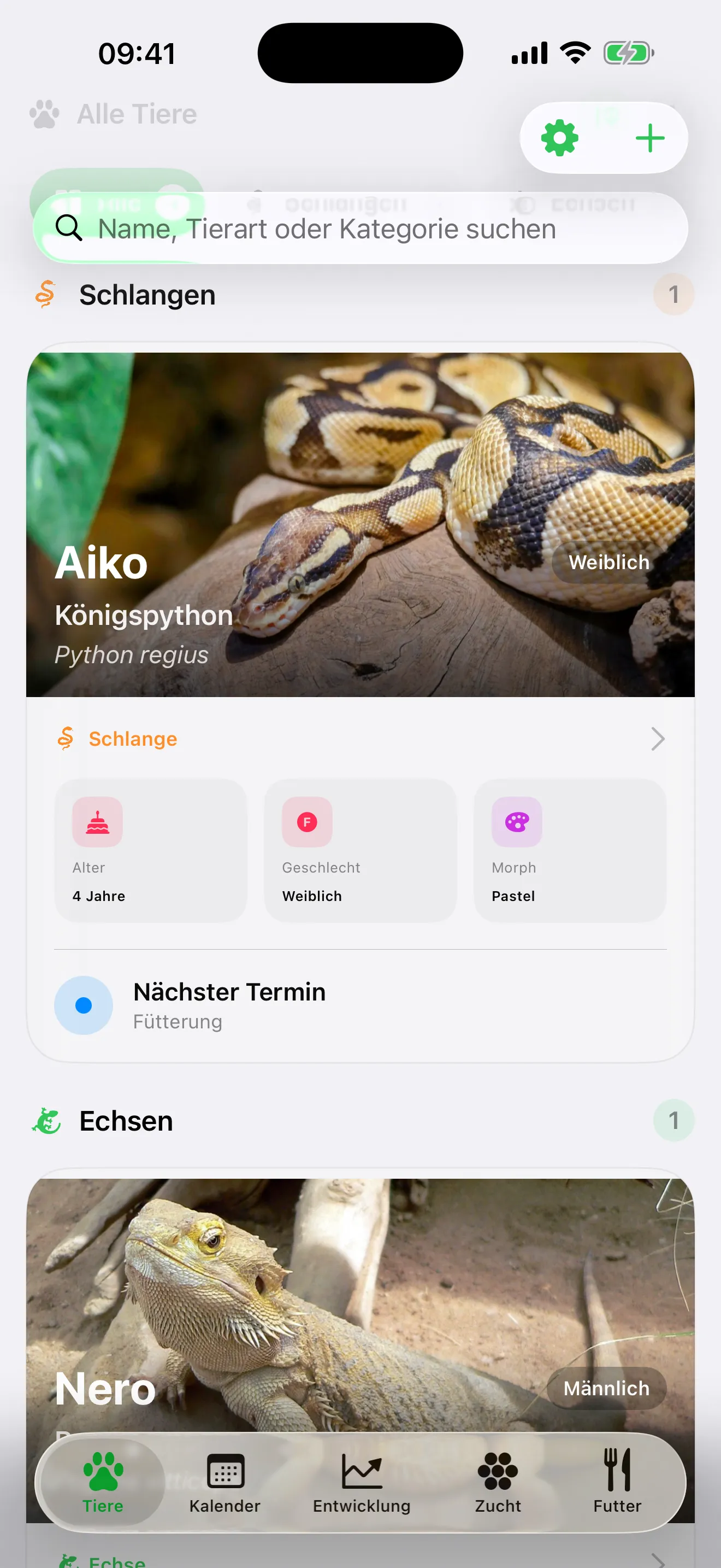 Die Tierliste von ReptiCare: Fotokarten von Aiko, einem Königspython, und Nero, einer Bartagame, mit Alter, Geschlecht und Morph.