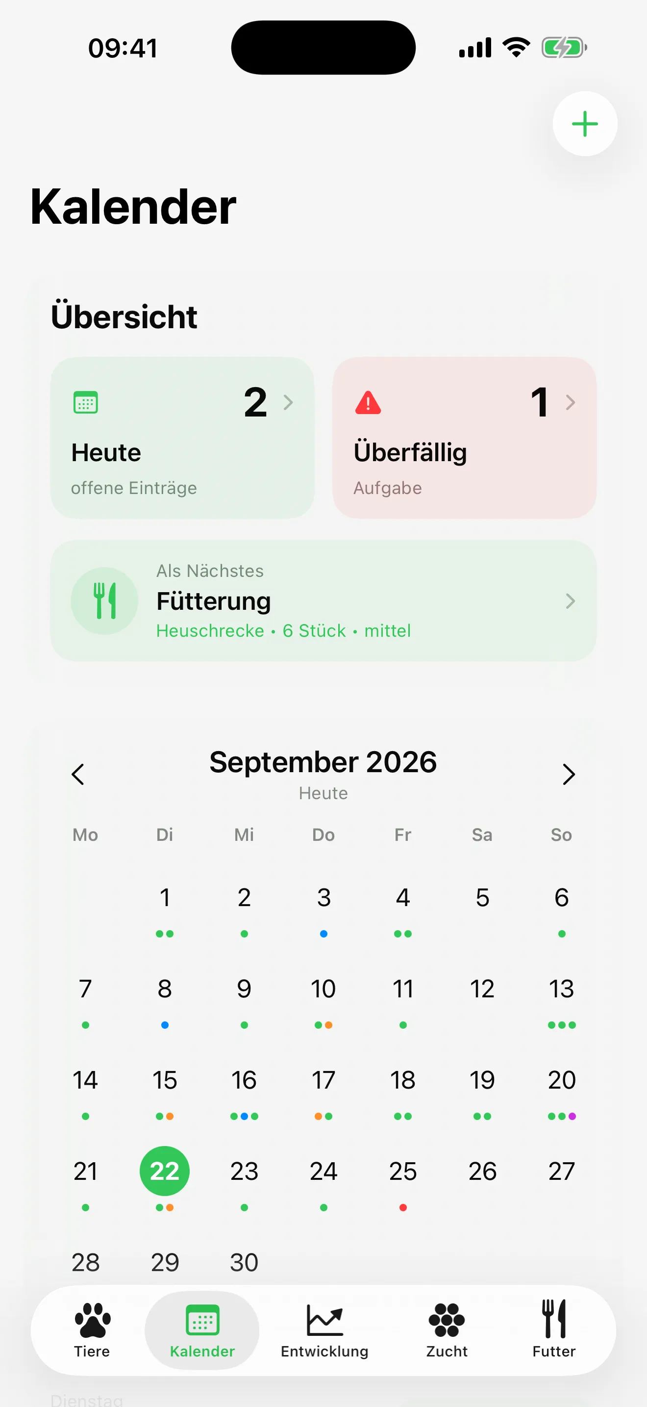 Der Kalender von ReptiCare: heutige und überfällige Termine, darunter das Monatsraster für September 2026.