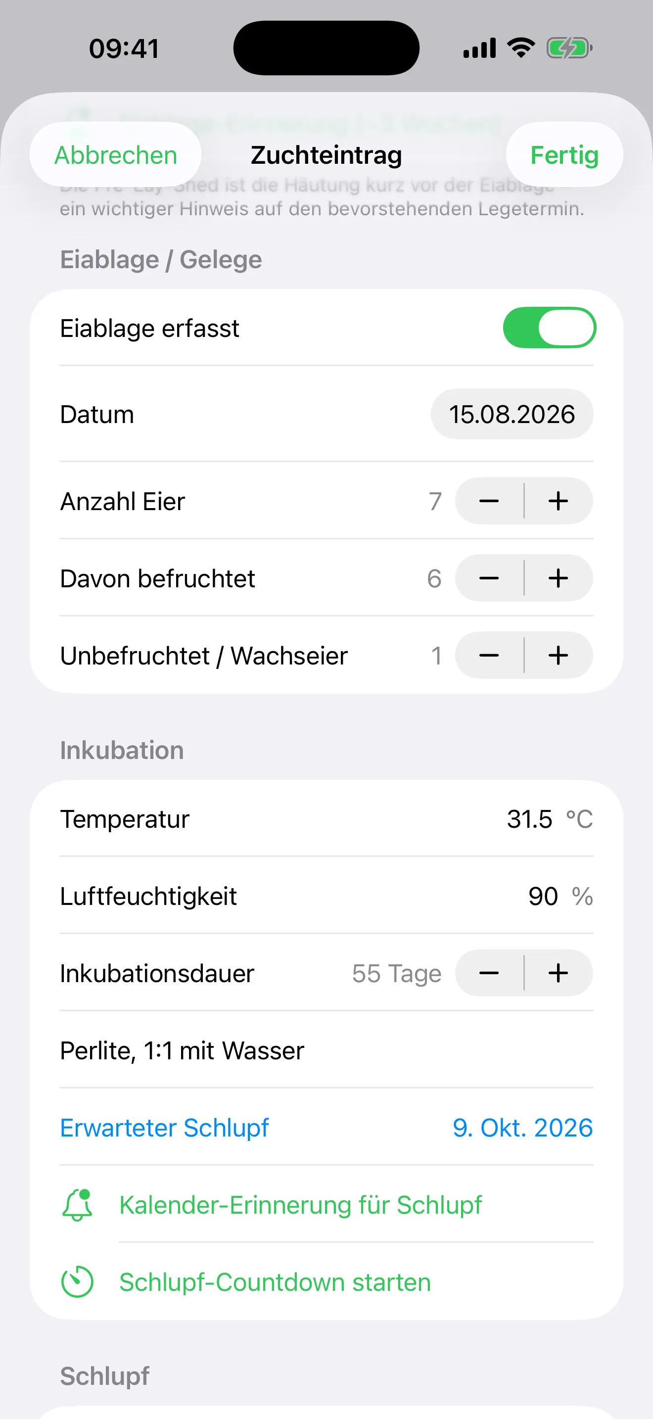 Ein Zuchteintrag: Eiablage mit Datum und Anzahl Eier, Inkubation mit Temperatur, Luftfeuchtigkeit und erwartetem Schlupf.