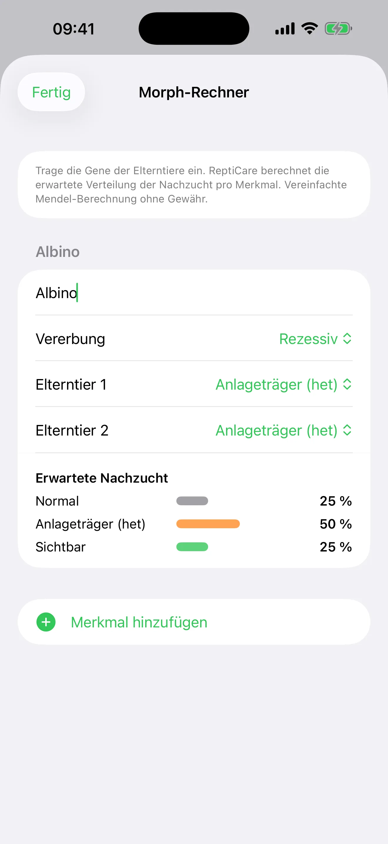 Der Morph-Rechner in ReptiCare: Albino, rezessiv, beide Elterntiere Anlageträger, erwartet 25 % normal, 50 % Anlageträger, 25 % sichtbar.