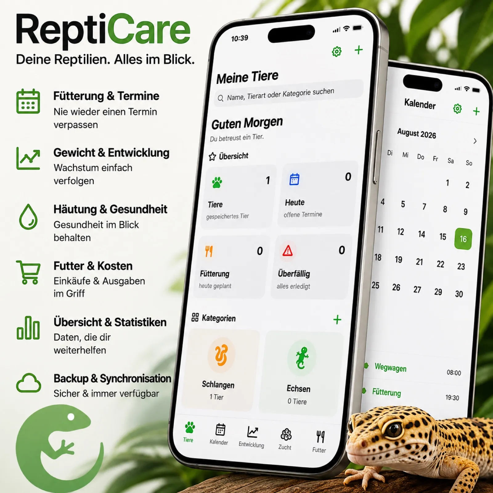 ReptiCare auf dem iPhone: Tierübersicht mit Fütterungs- und Terminkacheln, daneben der Kalender